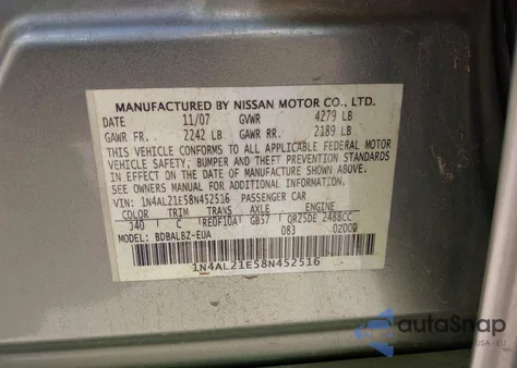 2008 Nissan Altima 2.5 S from USA, damaged, VIN 1N4AL21E58N452516